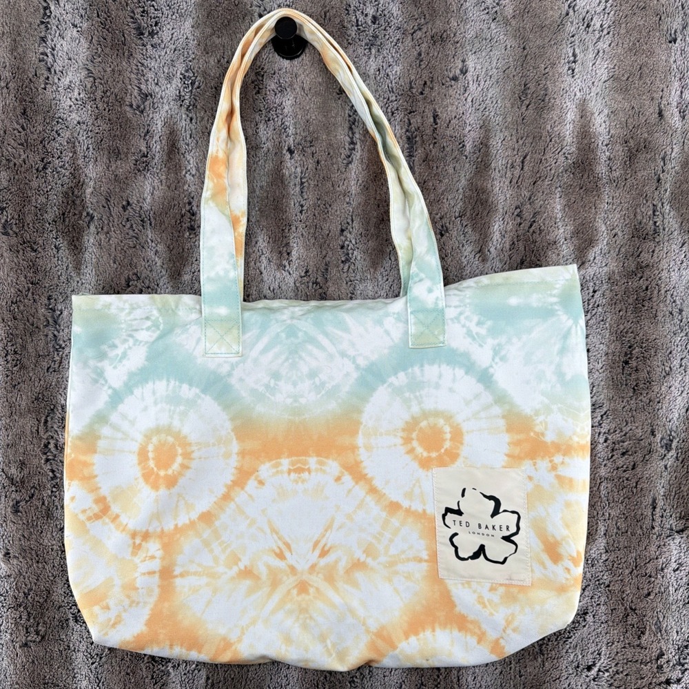 Ted Baker Tie Dye Bright Orange Blue Hadleit Canvas Tote Bag Beach Large